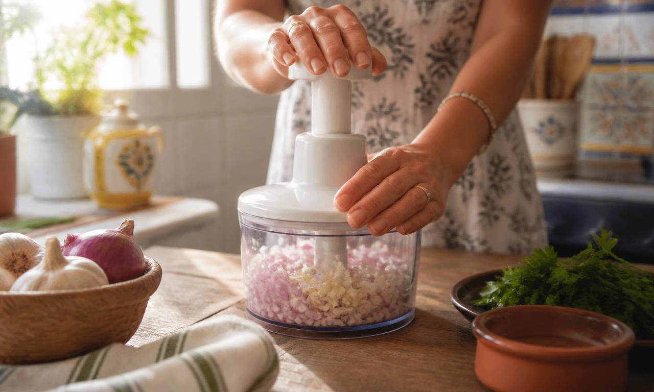 Manos presionando un picador manual de verduras sobre una encimera de cocina